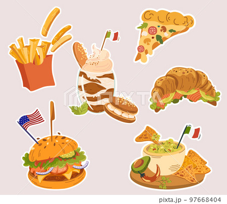Food stickers. Pizza, burger, guacamole, French fries, tiramisu and croissant. Perfect for printing, restaurant, postcards and menus. Cartoon vector illustration isolated. 97668404