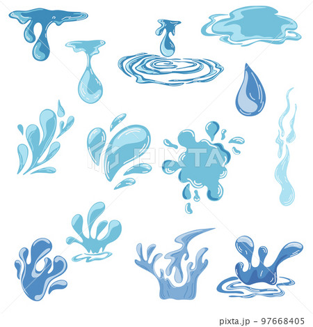 Water. Different Water Drops. Set of icons of flowing drops, waves, tears, splashes, splashes of nature. Dripping liquid. Water spill. Sea summer moisture, freshness. Vector cartoon illustration Water. Different Water Drops. Set of icons of flowing drops, waves, tears, splashes, splashes of nature. Dripping liquid. Water spill. Sea summer moisture, freshness. Vector cartoon illustration 97668405