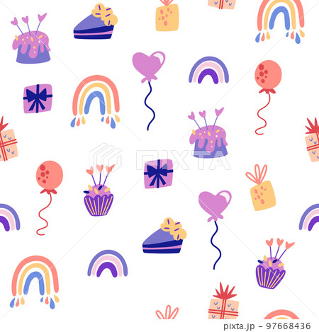 Birthday cake and balloons seamless pattern. Holiday Party elements, ballon, cake, candle, hat. Good for decoration children party. Great for fabric, textile. Vector cartoon Illustration Birthday cake and balloons seamless pattern. Holiday Party elements, ballon, cake, candle, hat. Good for decoration children party. Great for fabric, textile. Vector cartoon Illustration 97668436