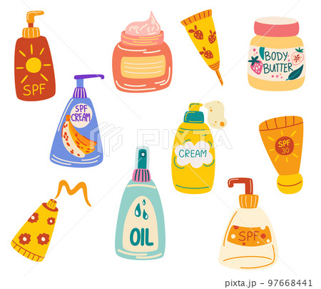Sunscreen cream set. Protection for the skin from solar ultraviolet light. Summer cosmetic. Sunblock, skin protection, skin care products. Vector Hand draw illustration Sunscreen cream set. Protection for the skin from solar ultraviolet light. Summer cosmetic. Sunblock, skin protection, skin care products. Vector Hand draw illustration 97668441