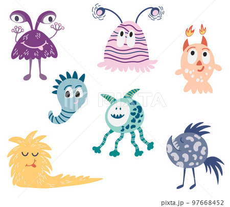 Monsters set. Aliens. Cute space monsters for kids and toys. Funny bright character in a hand-drawn cartoon doodle style. Ideal for packaging games, puzzles, mazes. Vector cartoon illustrations 97668452