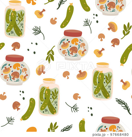 Preserving seamless pattern. Pickled cucumbers and mushrooms. Canned, Preserve and Jar Food. Fermented veggies. Conserve Concept. Hand Drawn Cartoon Vector illustration 97668480