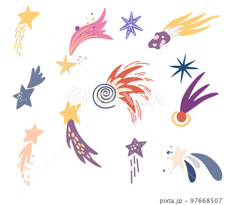 Shooting stars set. Comet tail or star trail. Meteorite, space. Vector Hand draw illustration isolated on the white background. Shooting stars set. Comet tail or star trail. Meteorite, space. Vector Hand draw illustration isolated on the white background. 97668507