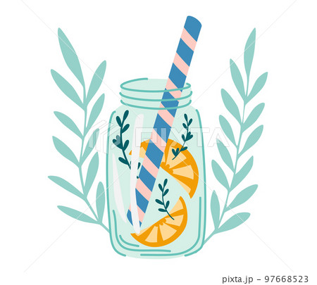 Lemonade in a jar. Refreshing summer drink. Fresh water with lemon slice, mint, For menu, web and graphic design. Vector illustration isolated on white background 97668523