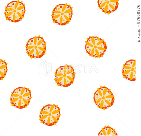 Orange seamless pattern. Slices of ripe orange. Sweet summer fruit background. Perfect for textile, wallpaper and scrapbook. Vector cartoon illustration Orange seamless pattern. Slices of ripe orange. Sweet summer fruit background. Perfect for textile, wallpaper and scrapbook. Vector cartoon illustration 97668576