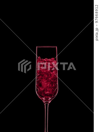 Wine glass filled with transparent heart shape crystals backlit and isolated on black background. Toned image in trendy magenta color of year 2023. Beverage glassware concept. Copy space. Wine glass filled with transparent heart shape crystals backlit and isolated on black background. Toned image in trendy magenta color of year 2023. Beverage glassware concept. Copy space. 97668912