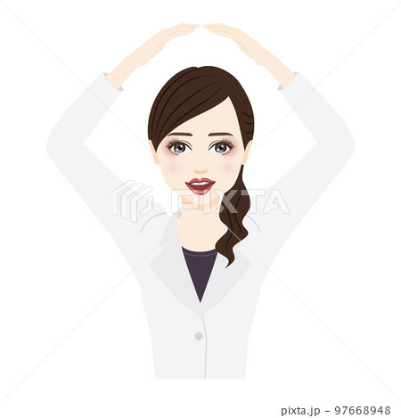 woman in a white coat with ponytail gesturing OK 97668948