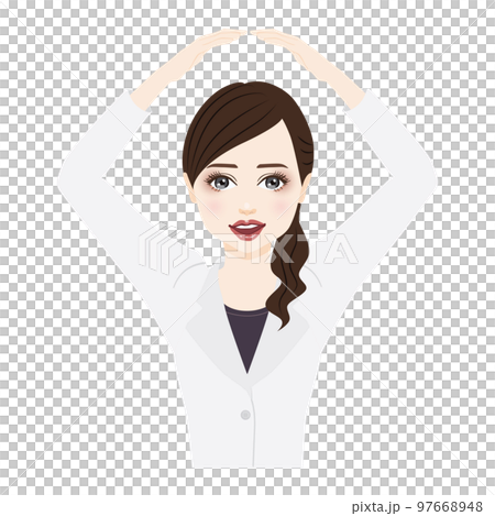 woman in a white coat with ponytail gesturing OK 97668948