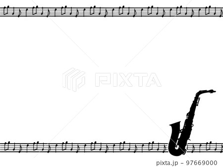 シンプルでかわいいサックスのシルエットイラスト音符フレーム素材 97669000