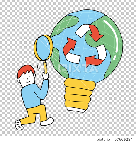 Illustration of a child investigating renewable energy 97669284