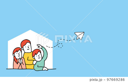 将来に向けて紙飛行機を投げる三人家族のイラスト背景 97669286