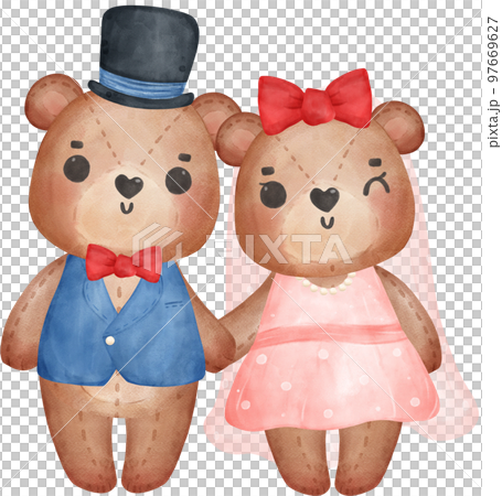 Cute sweet wedding love bride and groom teddy bear cartoon character watercolour  97669627