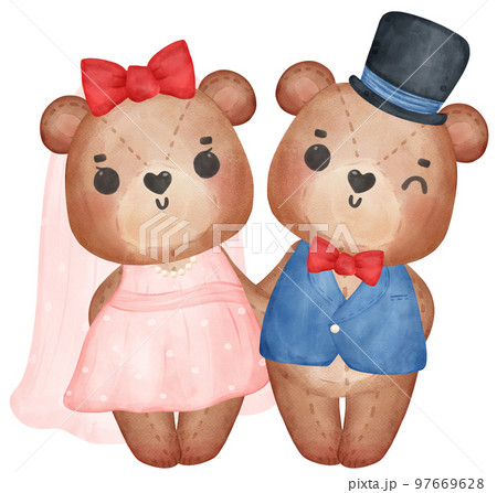 Cute sweet wedding love bride and groom teddy bear cartoon character watercolour Cute sweet wedding love bride and groom teddy bear cartoon character watercolour 97669628