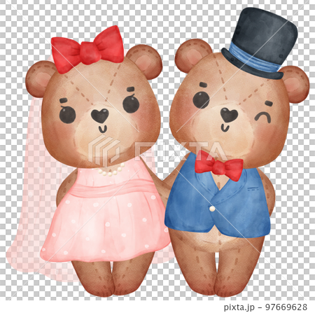 Cute sweet wedding love bride and groom teddy bear cartoon character watercolour Cute sweet wedding love bride and groom teddy bear cartoon character watercolour 97669628