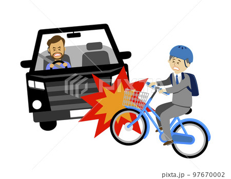 自転車に乗って自動車と交通事故に遭う会社員のイラストイメージ 97670002