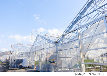 日本の農家がよく使うビニールハウスの風景と青空 97670155