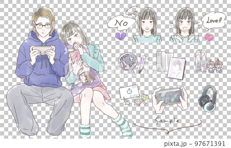 寄り添うヲタクカップルのイラストセット 97671391