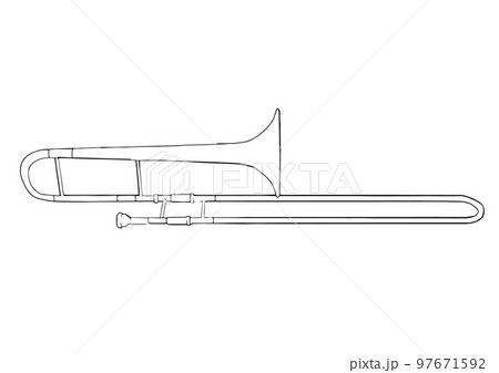 シンプルでおしゃれなトロンボーンの白黒線画イラスト素材 97671592