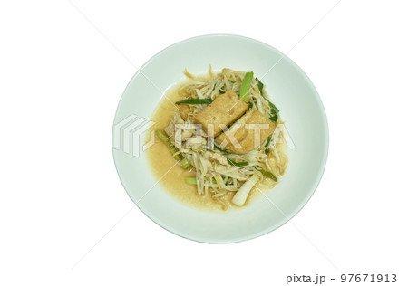 fried bean sprout with slice yellow tofu vegetarian food on plate 97671913