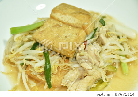 fried bean sprout with slice yellow tofu vegetarian food on plate fried bean sprout with slice yellow tofu vegetarian food on plate 97671914