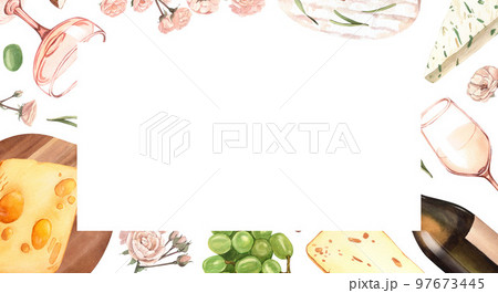 Watercolor wine and cheese template. Hand draw background with food objects. White wine bottle and glass, green grapes, cheese. Concept for wine list, label, banner, menu, flyer, brochure 97673445