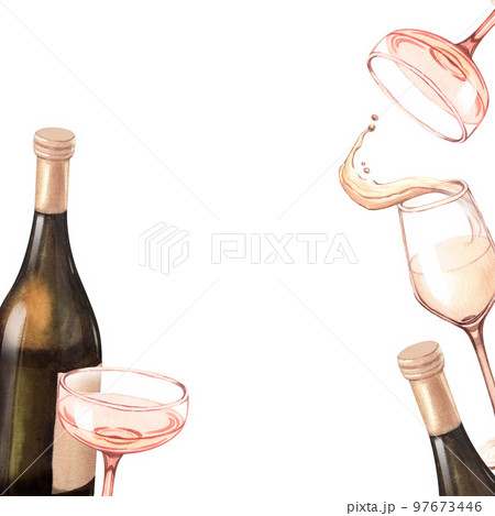 Watercolor illustration of the bottle and one glass of white wine. Picture of a alcoholic drink isolated on the white background. Concept for wine list, label, banner, menu, flyer, brochure template. 97673446