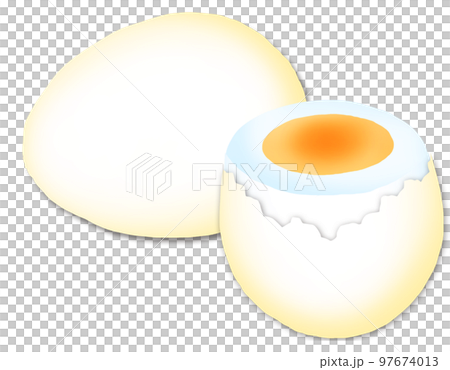 ゆで卵_横にころがるたまごと断面を見せたゆで卵 ゆで卵_横にころがるたまごと断面を見せたゆで卵 97674013