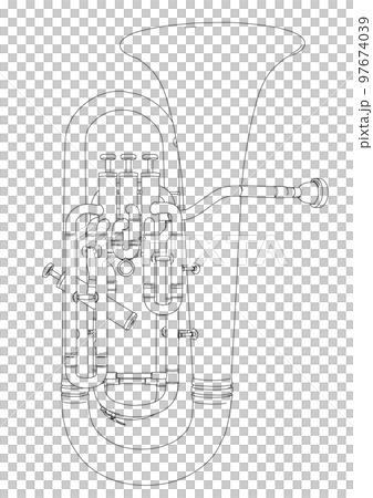 シンプルでおしゃれなチューバもしくはユーフォニアムの白黒線画イラスト素材 97674039