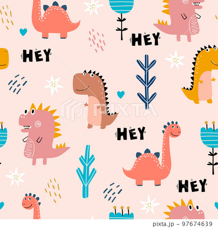 Baby pattern with dinosaurs. Vector hand-drawn colored seamless repeating baby pattern with cute dinosaurs, letters in Scandinavian style 97674639