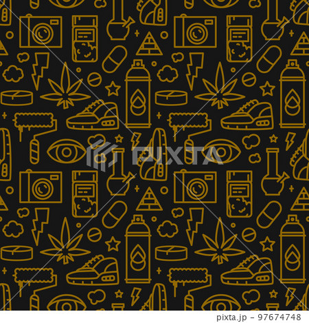 Cannabis Graffiti Seamless Pattern in Line Art Cartoon Style for Medical Marijuana Product Package 97674748