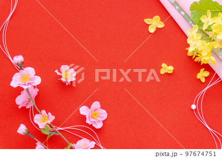 桃の花と菜の花のひな祭りイメージの赤背景 桃の花と菜の花のひな祭りイメージの赤背景 97674751