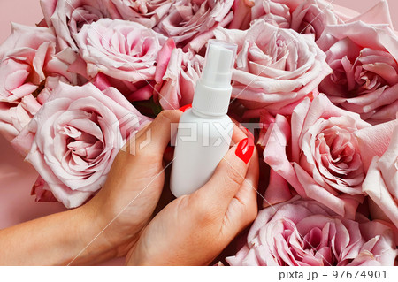 White cosmetic small spray bottle in female woman arms hands on pink rose flowers background, mockup. Antibacterial liquid, natural organic oil, body mist, sanitizer, perfume, sunscreen, deodorant 97674901