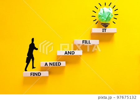 Find a need and fill it symbol. Concept words Find a need and fill it on wooden blocks on a beautiful yellow background. Businessman icon. Business and find a need and fill it concept. Copy space. 97675132