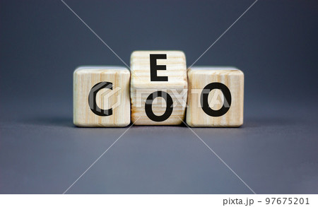CEO or COO symbol. Concept word CEO chief executive officer or COO chieve operating officer on wooden cubes. Beautiful grey table grey background. Business and CEO or COO concept. Copy space. 97675201