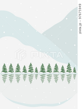 Winter landscape with wild forest and lake illustration poster. Snowy panorama, minimalist wall decor. 97675949