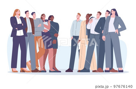 Opposition teams and business rivals. Confrontation in politic, office or work. Girls and men opponents, corporate battle or kicky businessman competition vector scene Opposition teams and business rivals. Confrontation in politic, office or work. Girls and men opponents, corporate battle or kicky businessman competition vector scene 97676140