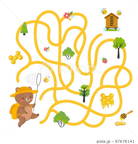 Children maze game, kids labyrinth. Path finding graphic art for kid play. Forest cartoon bear find ways to honey. Child magazine nowaday vector page 97676141