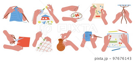 Handmade workshop, craft and embroidery process. Human hands create and painting, drawing workshop. Art hobby, diy and sewing decent vector set 97676143