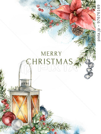 Watercolor Christmas frame of lantern, poinsettia, Christmas tree toys and fir branches. Hand painted holiday card of plants isolated on white background. Illustration for design, print or background. 97676169
