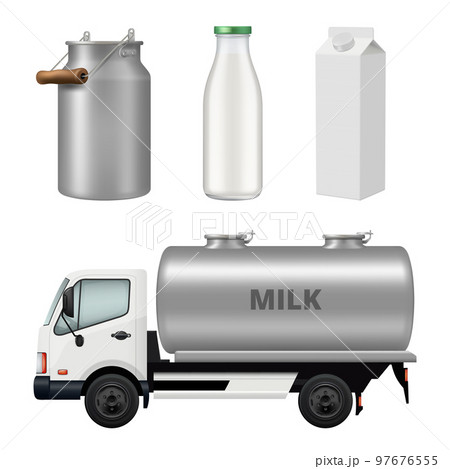 Milk containers. Glass bottles metal cans for dairy products from farm industry decent vector realistic milk food 97676555