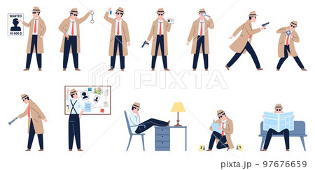 Detective character working and inspecting. Detectives professional with gun and magnifier looking foot prints. Recent cartoon agent or inspector vector set Detective character working and inspecting. Detectives professional with gun and magnifier looking foot prints. Recent cartoon agent or inspector vector set 97676659