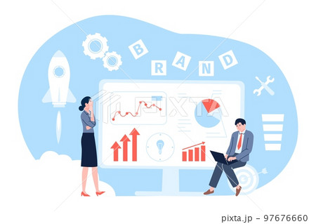 Corporate brand analysis, new start up develop. Business couple, collaboration and development strategy. Create trend, marketing and ad recent vector scene 97676660