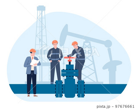 Oil gas pipeline concept. Flat petroleum gas workers and pump. Maintenance engineering, industrial engineer mechanic recent vector scene 97676661