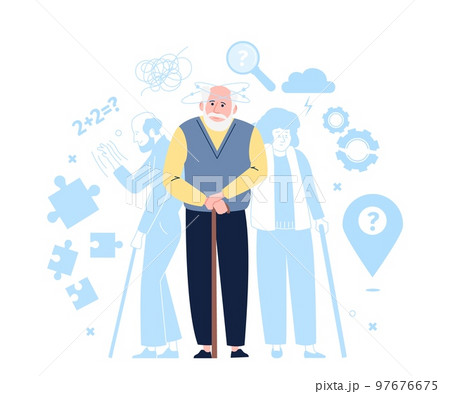 Dementia disease concept with seniors. Elderly loss memory, brain disease and alzheimer symptoms. Support old people patients recent vector scene Dementia disease concept with seniors. Elderly loss memory, brain disease and alzheimer symptoms. Support old people patients recent vector scene 97676675