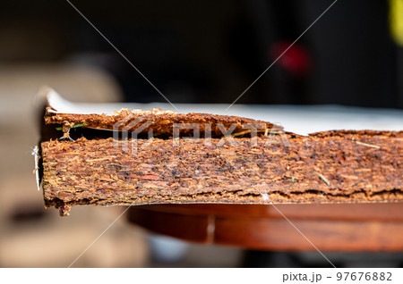 Selective focus on edge of water damaged swelled laminated plywood Selective focus on edge of water damaged swelled laminated plywood 97676882