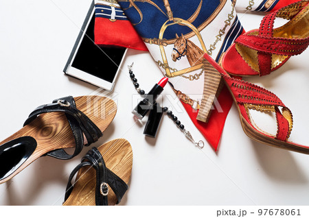 lady lifestyle background with shoes and accessory around white background lady lifestyle background with shoes and accessory around white background 97678061