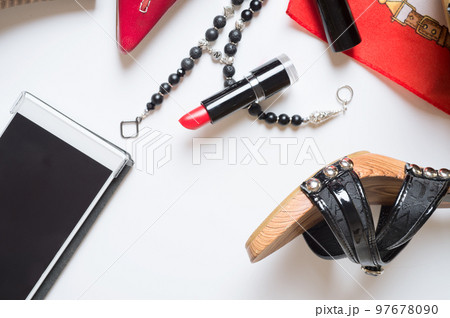 lady lifestyle background with shoes and accessory around white background lady lifestyle background with shoes and accessory around white background 97678090