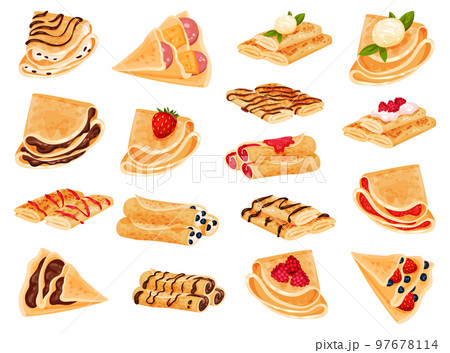 Pancakes with different stuffings set. Rolled crepes stuffed with strawberry, berry, raspberry, chocolate cartoon vector 97678114