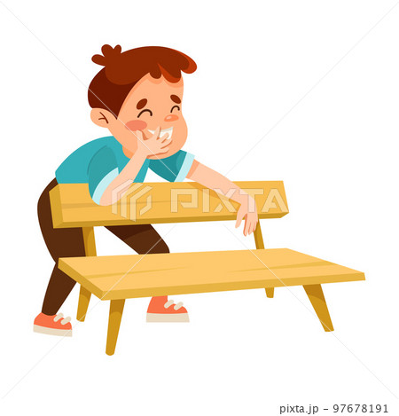 Little Boy Laughing Standing at Wooden Bench Playing Hide and Seek Game and Having Fun Vector Illustration Little Boy Laughing Standing at Wooden Bench Playing Hide and Seek Game and Having Fun Vector Illustration 97678191