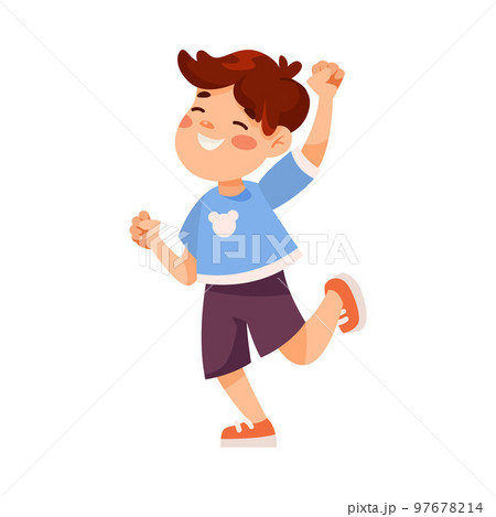 Funny Little Boy in Blue Sweatshirt Expressing Emotion of Happiness Jumping with Joy Vector Illustration 97678214